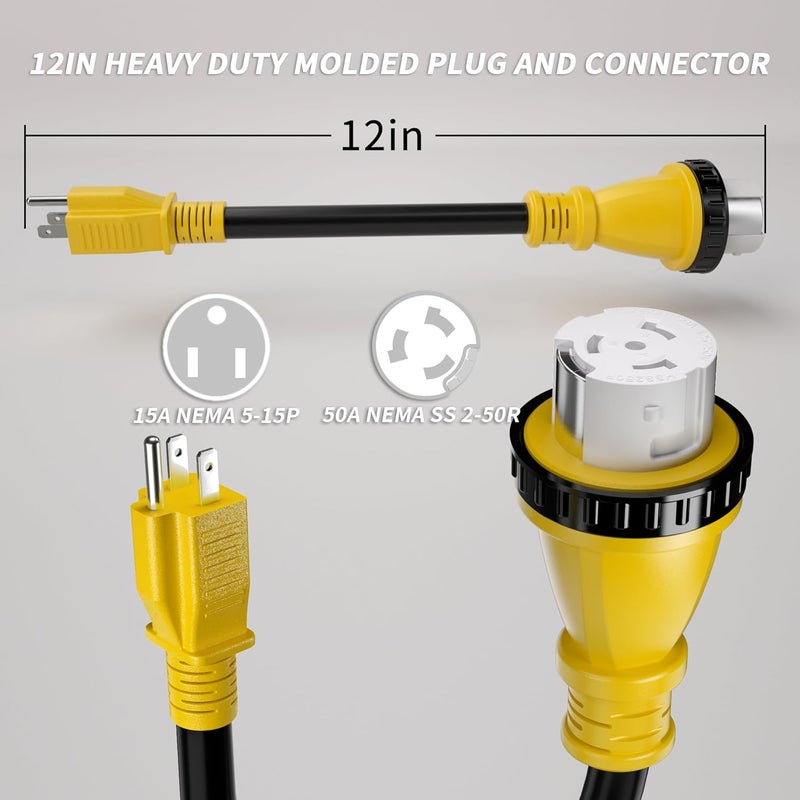 PlugSaf 50 Amp to 15 Amp 110V RV Adapter Plug, 15A Male to 50A Female RV Power Adapter with Twist Lock Plug, Dogbone Electrical for Camper, NEMA 5-15P SS 2-50R, 10/3 STW Cord 12" Yellow - Image 4